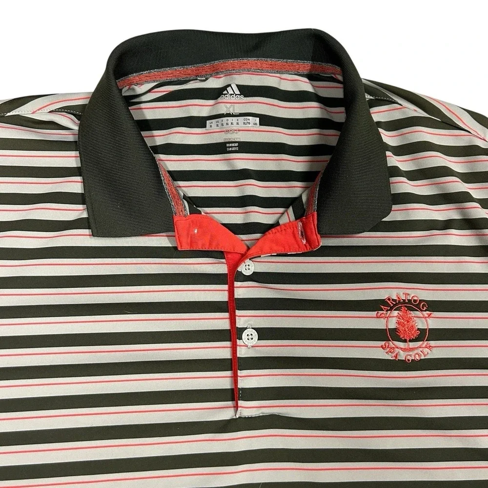 Adidas Golf XL Polo Shirt Saratoga Spa‎ Golf Course Logo Green & Gray Striped